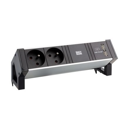 BACHMANN 937.134 Desk 2, alu fekete, 2x230V, 2x USB-A töltő