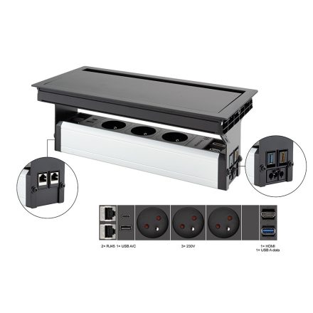 VersaFlap Mono 2.0, 3x 230V, 2x RJ45, 1xHDMI, 1xUSB A/C, 1xUSB data, fekete matt