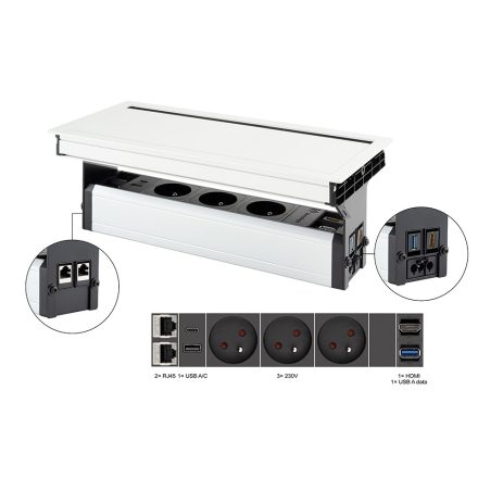 VersaFlap Mono 2.0, 3x 230V, 2x RJ45, 1xHDMI, 1xUSB A/C, 1x USB data, fehér matt