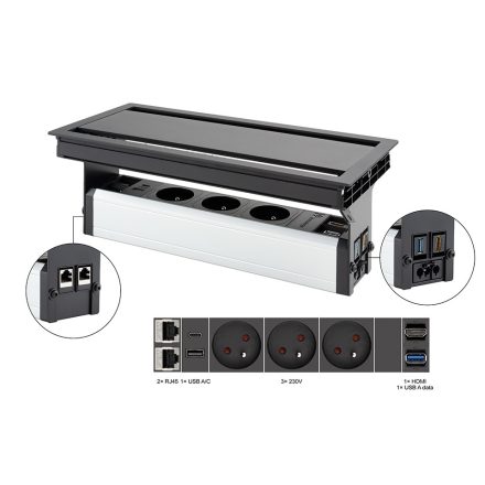 VersaFlap dual 2.0, 3x 230V, 2x RJ45, 1xHDMI, 1xUSB A/C, 1xUSB data, fekete matt